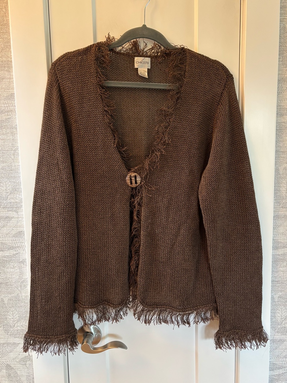 Brown y2k fringe cardigan linen blend Sz 2XL boho knit linen blend